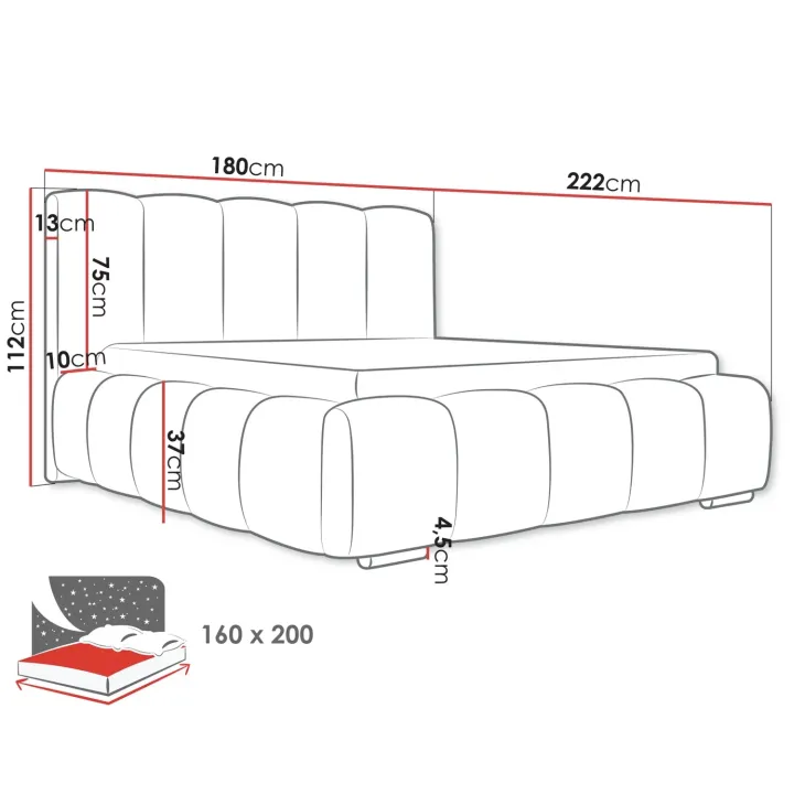 Letto matrimoniale 160x200 cm con rete contenitore imbottito tessuto bouclé nero Cometa
