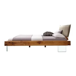 Letto matrimoniale 160x200cm testiera imbottita piedi in vetro legno massello rovere tortora Resilia