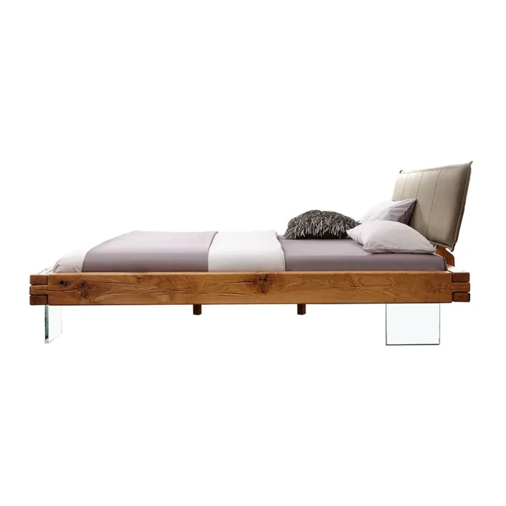 Letto matrimoniale 160x200cm testiera imbottita piedi in vetro legno massello rovere tortora Resilia