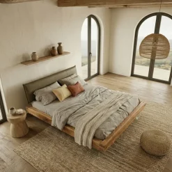 Letto matrimoniale 160x200cm testiera imbottita piedi in vetro legno massello rovere tortora Resilia