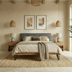 Letto matrimoniale 160x200cm testiera imbottita piedi in metallo legno massello rovere antracite Cortelia