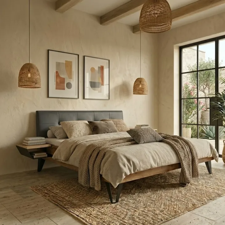 Letto oversize 180x200cm testiera imbottita piedi in metallo legno massello rovere antracite Cortelia