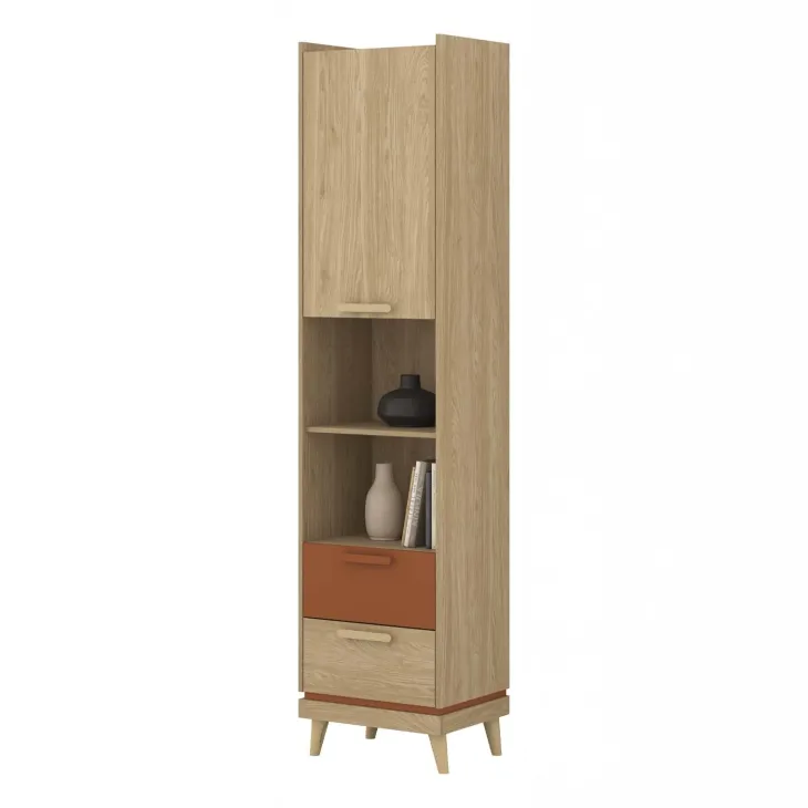 Libreria 50x215h cm 2 cassetti 2 vani a giorno rovere rosso mattone Yu