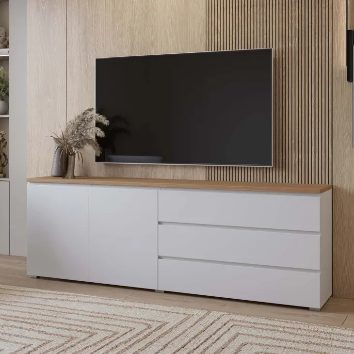 Madia moderna 200x68h cm 2 ante 3 cassetti bianco rovere Ischia