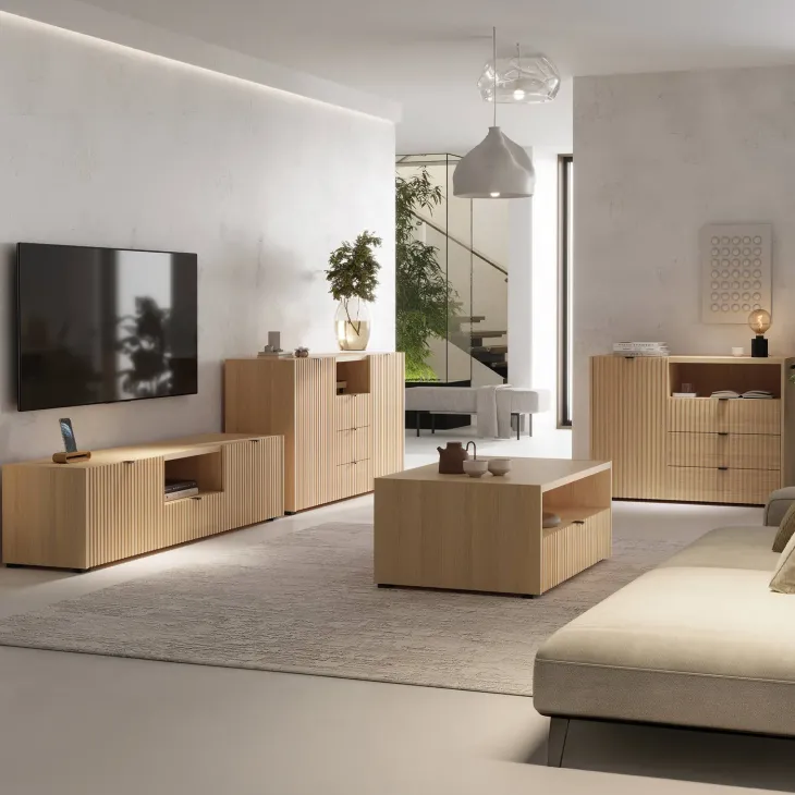 Madia moderna 106x80h cm cannettato 3 cassetti rovere Sally