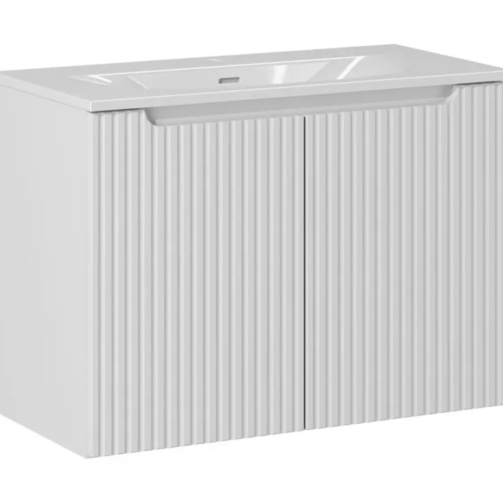 Mobile bagno sospeso cannettato 80cm con lavabo, colonna e 3 pensili bianco rovere Cleany