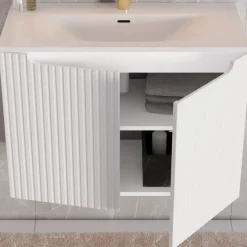 Mobile bagno sospeso cannettato 80cm con lavabo, colonna e 3 pensili bianco rovere Cleany