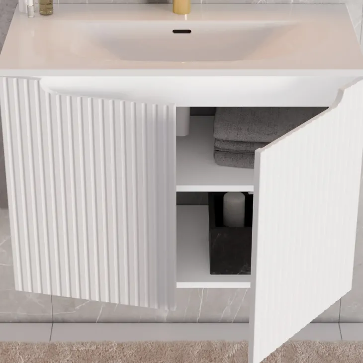 Mobile bagno sospeso cannettato 80cm con lavabo, colonna e 3 pensili bianco rovere Cleany