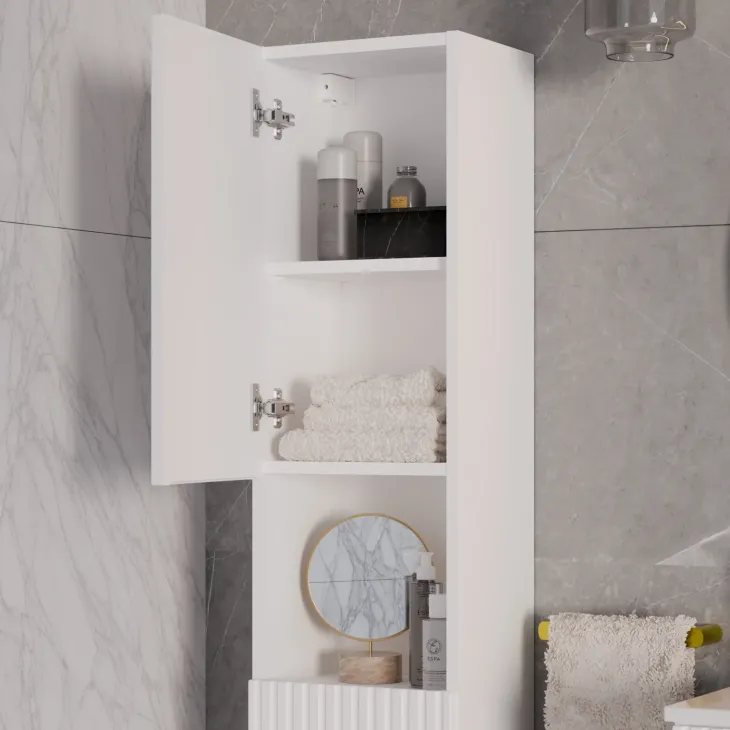 Mobile bagno sospeso cannettato 80cm con lavabo, colonna e 3 pensili bianco rovere Cleany