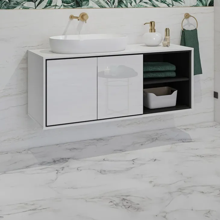 Mobile bagno sospeso 120cm 2 ante e 2 vani a giorno bianco lucido nero Linda