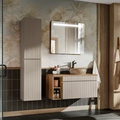 Mobile bagno sospeso 100cm cannettato con lavabo, colonna e specchio beige Autentic