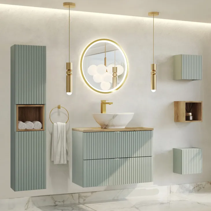 Mobile bagno sospeso 80cm cannettato 2 cassetti verde salvia rovere Greeny