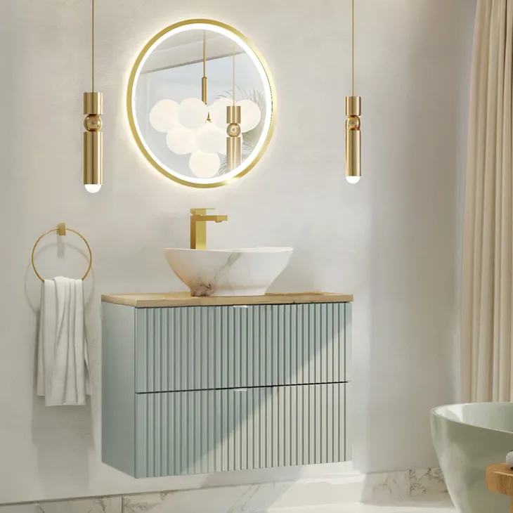 Mobile bagno sospeso 80cm cannettato 2 cassetti verde salvia rovere Greeny