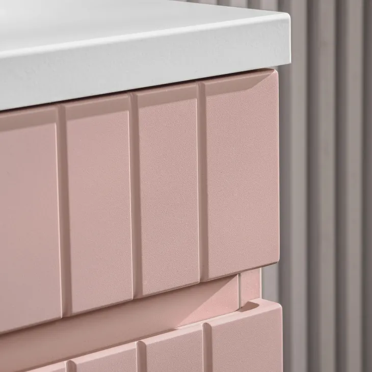 Mobile bagno sospeso 80cm cannettato con lavabo, colonna e specchio rosa Autentic