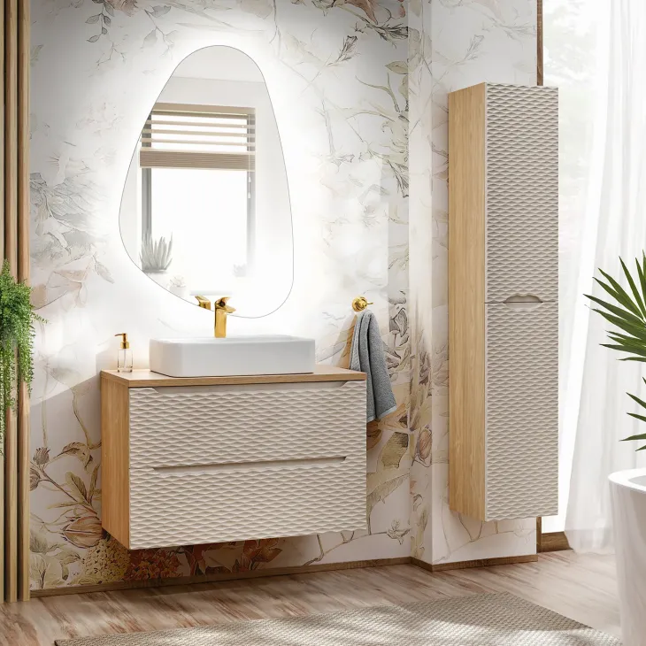 Mobile bagno sospeso 90cm 2 cassetti beige rovere Swim