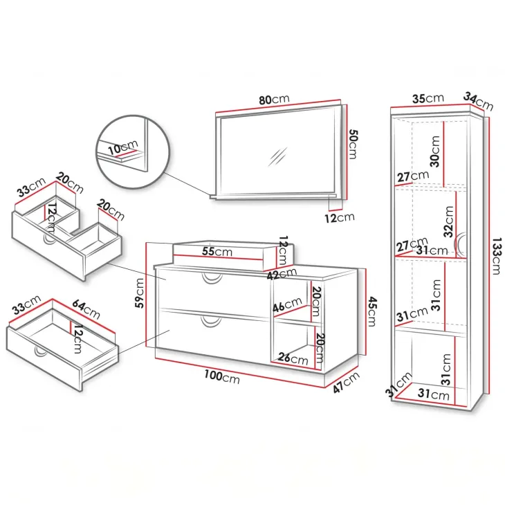 Mobile bagno sospeso 100 cm 2 cassetti con specchio e colonna rovere Mirea