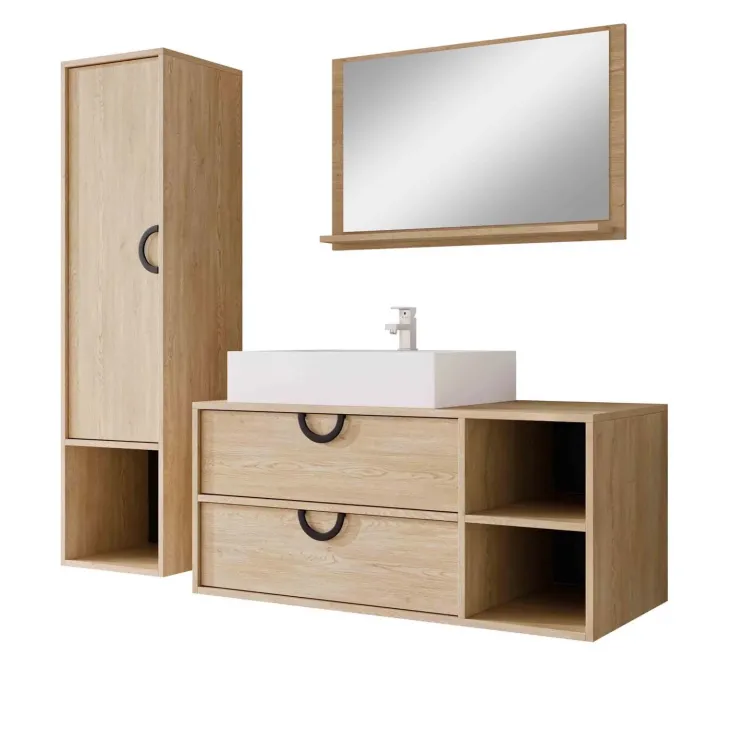 Mobile bagno sospeso 100 cm 2 cassetti con specchio e colonna rovere Mirea