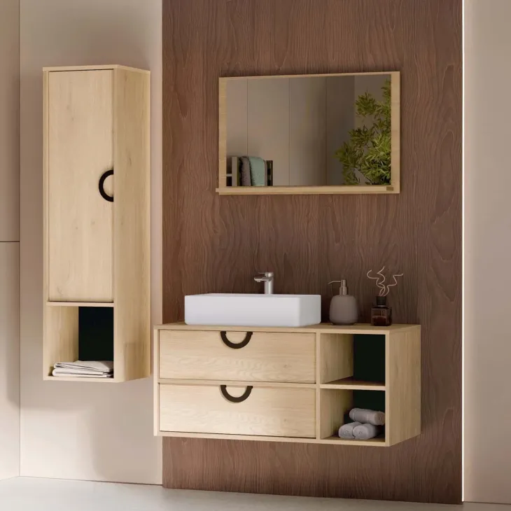Mobile bagno sospeso 100 cm 2 cassetti con specchio e colonna rovere Mirea