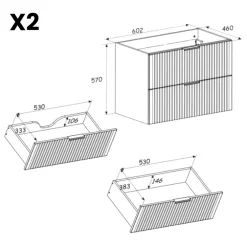 Mobile bagno sospeso 120 cm con 2 lavabi da incasso, 2 specchi e colonna quercia antracite Limpid