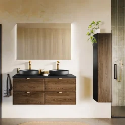 Mobile bagno sospeso 120cm con 2 lavabi, colonna e specchio noce Walnuts