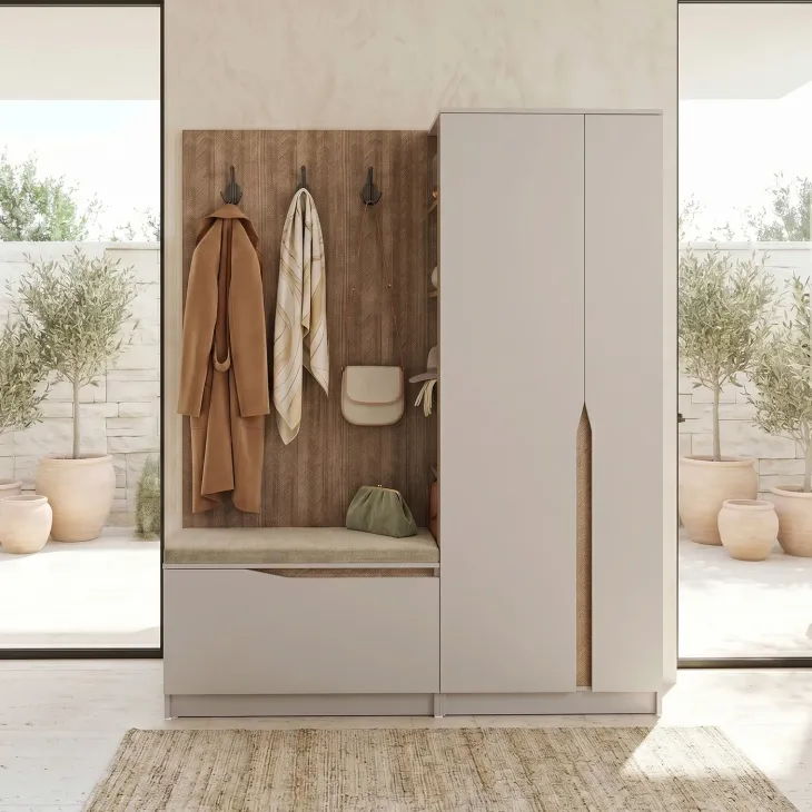 Mobile ingresso 160x189h cm con scarpiera e appendiabiti rovere scuro beige cashmere Karpathos