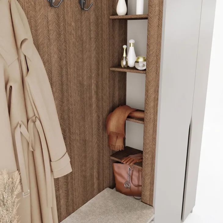 Mobile ingresso 160x189h cm con scarpiera e appendiabiti rovere scuro beige cashmere Karpathos