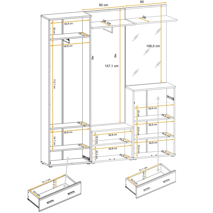 Mobile ingresso 180x203h cm con specchio e appendiabiti rovere sonoma California 3 Gihome®