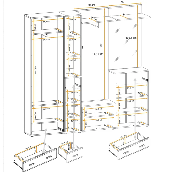 Mobile ingresso 210x203h cm con specchio e appendiabiti rovere rustico antracite stampa a righe California 4 Gihome®