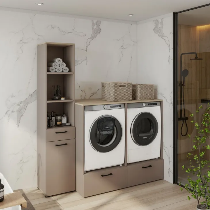 Mobile lavatrice e asciugatrice 172x197h cm con colonna tortora rovere Wave