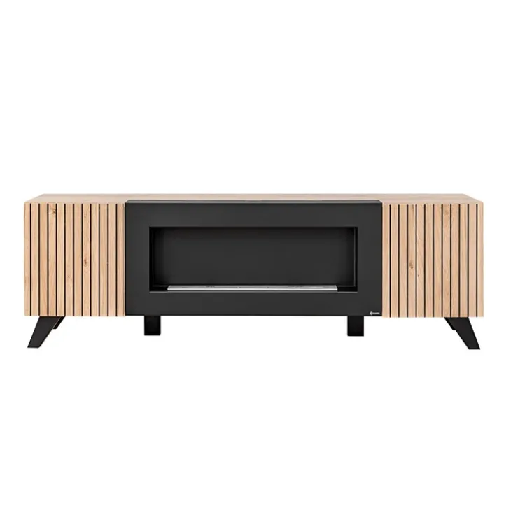 Mobile porta TV 160x52h cm 2 ante con biocamino noce con stampa nera Mendes