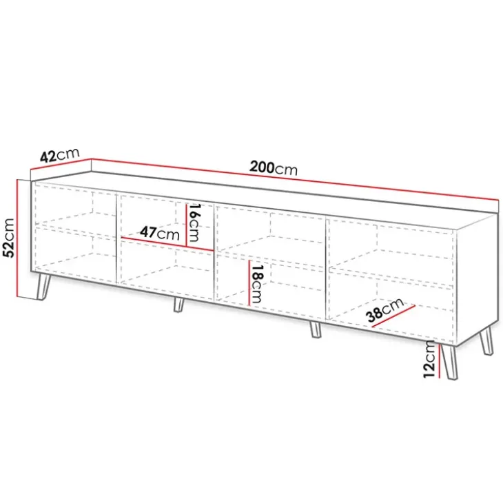 Mobile porta TV 200x52h cm 4 ante con frontale decorato nero lucido Placida