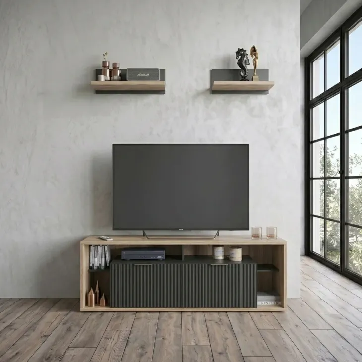 Mobile porta TV 160x56h cm con 2 mensole cannettato rovere nero Savona