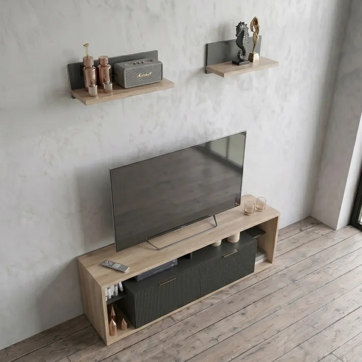 Mobile porta TV 160x56h cm con 2 mensole cannettato rovere nero Savona