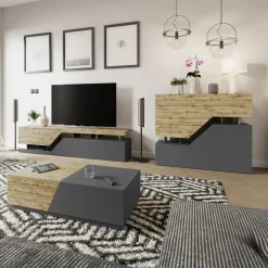 Mobile porta TV 200x47h cm design moderno rovere antracite Modesta