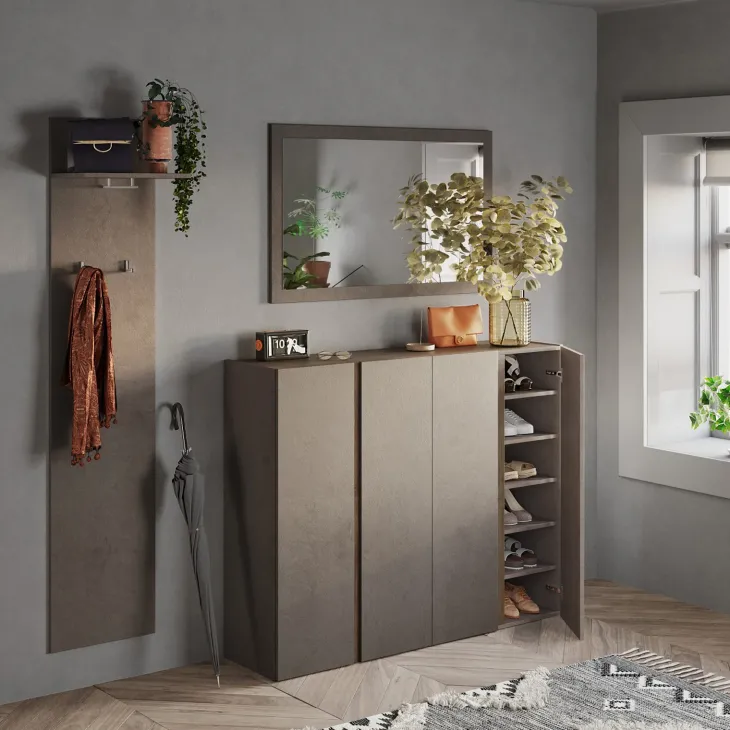 Mobile scarpiera multiuso ingresso 140x111h cm 4 ante marrone bronzo rovere scuro Welky