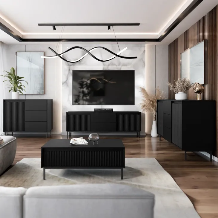 Mobile TV 174x60h cm 2 cassetti design cannettato nero Strike