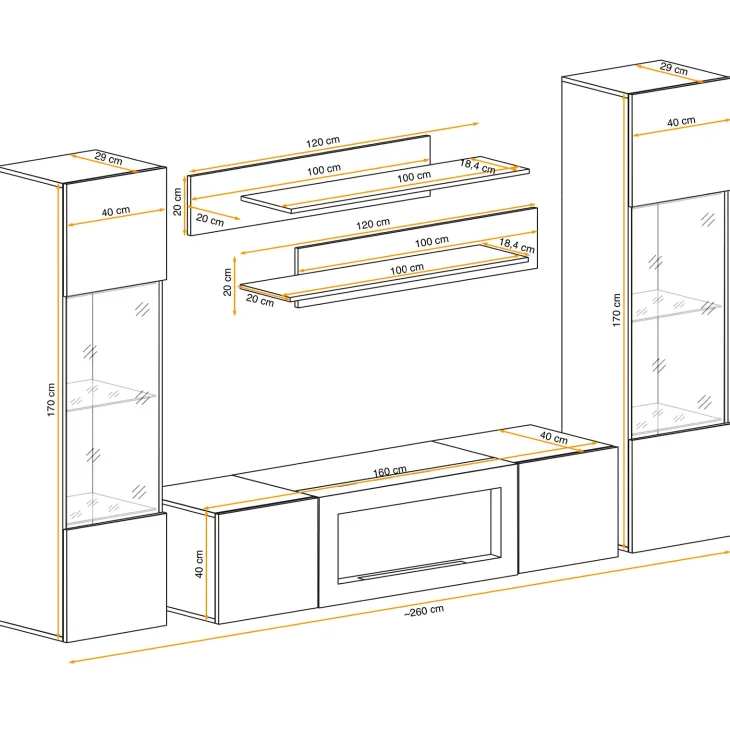 Parete attrezzata sospesa 260x170h cm con biocamino e vetrine rovere Ignis 6 Gihome®