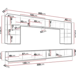Parete attrezzata sospesa 300x185h cm porta tv con vetrine bianco lucido rovere Mons