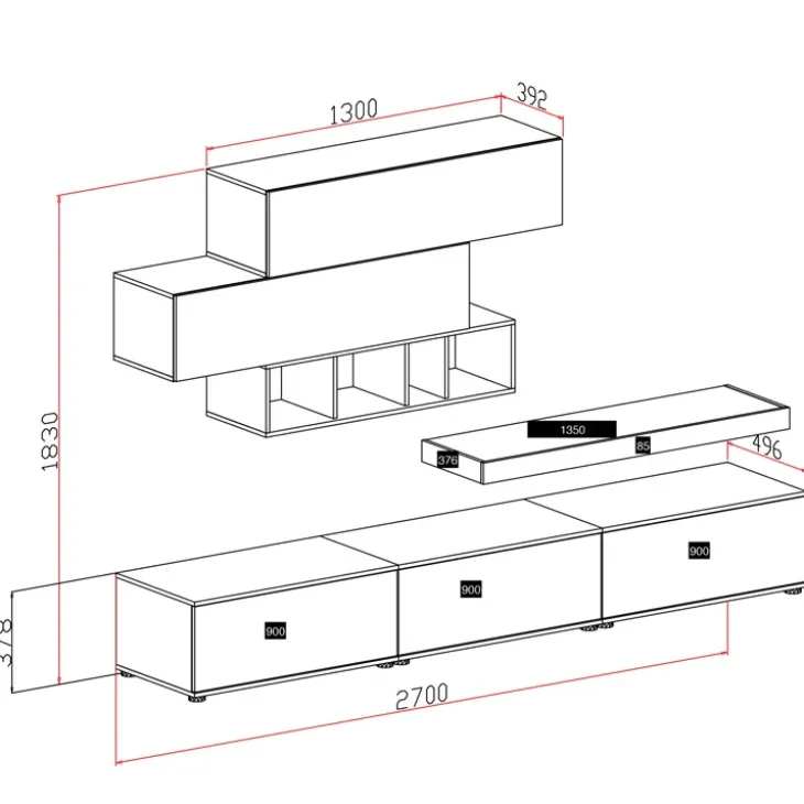 Parete attrezzata 270x183h cm soggiorno noce bianco spatolato America Gihome®