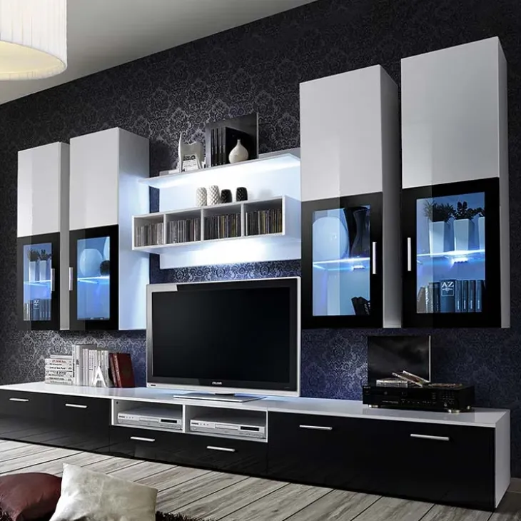 Parete attrezzata 300x190h cm soggiorno nero e bianco lucido Barrie Gihome®
