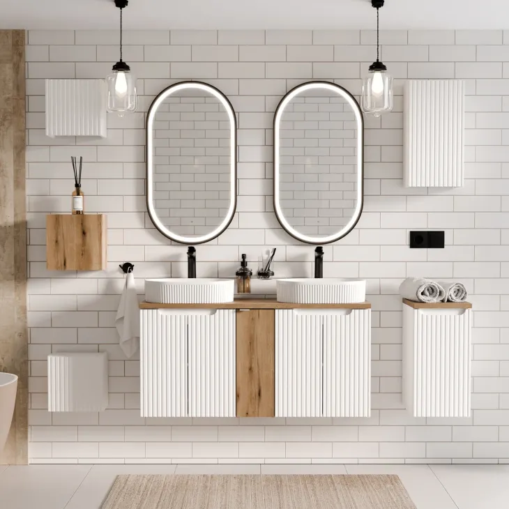 Pensile bagno sospeso 30x57h cm cannettato 1 anta bianco Cleany