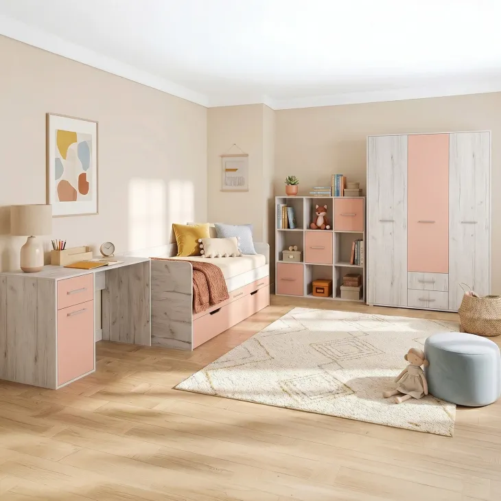 Scrivania 130x60 cm 1 anta 1 cassetto bianco frassinato rosa Bra