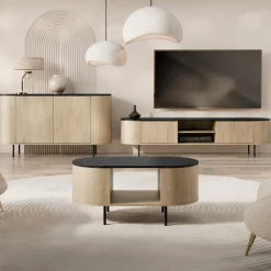 Set mobili soggiorno completo rovere effetto marmo nero Roundi