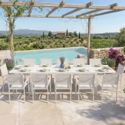 Set tavolo da giardino allungabile 200/300cm bianco + 6 sedie con braccioli quadrati bianco Brezza