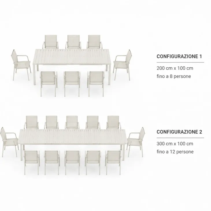 Set tavolo da giardino allungabile 200/300cm bianco + 4 sedie con braccioli tondi bianco Brezza