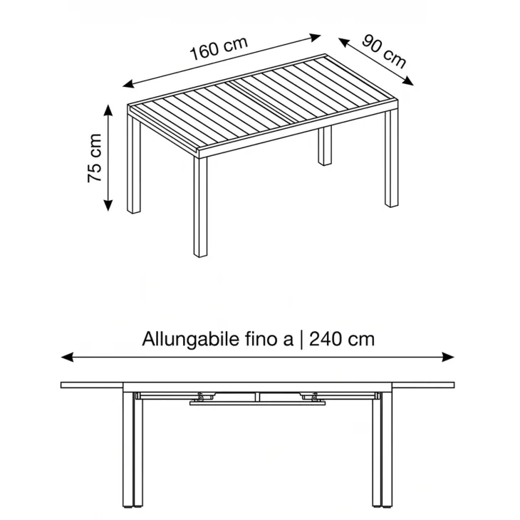 Tavolo da giardino allungabile 160/240x90cm in alluminio bianco Brezza